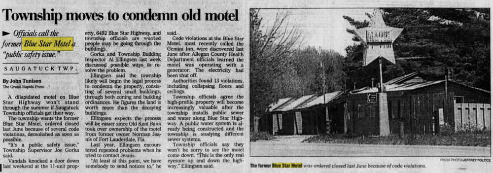 Blue Star Motel (Saugatuck Lodges) - May 28 1997 Article On Condemnation (newer photo)